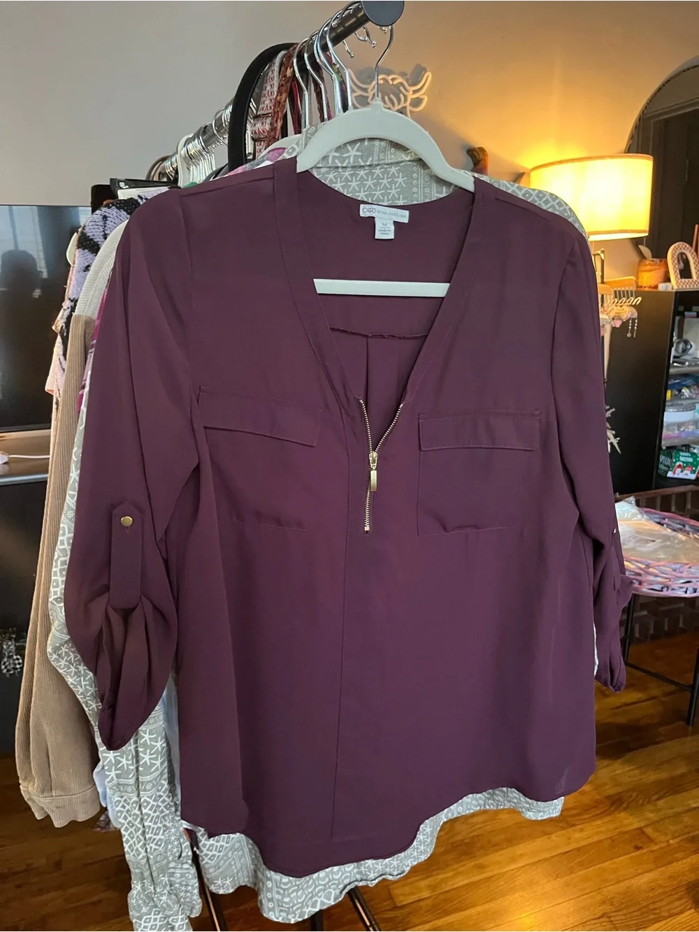 Cato Women's Plum Zip-Front Blouse - Picture 1 of 7